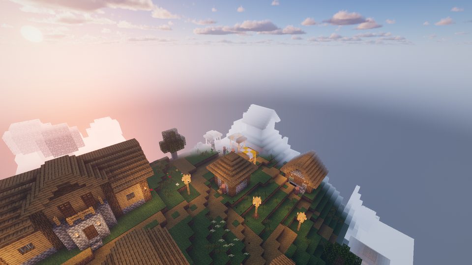 Minecraft Java village at golden hour with Photon shaders